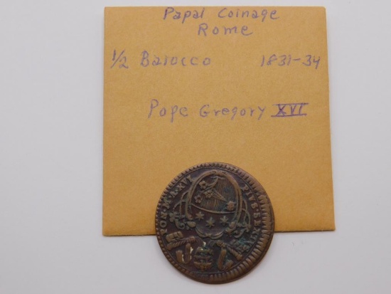 ROME PAPAL COIN, 1/2 BAROCCO, 1831, POPE GREGORY XVI