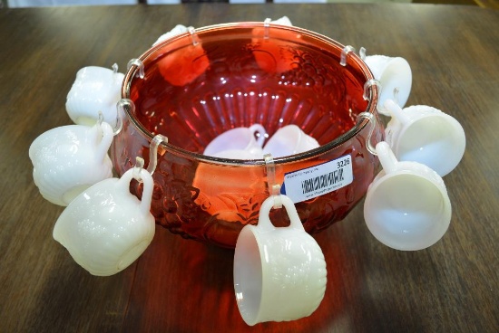 RED PUNCH BOWL WITH 12 MILK GLASS CUPS