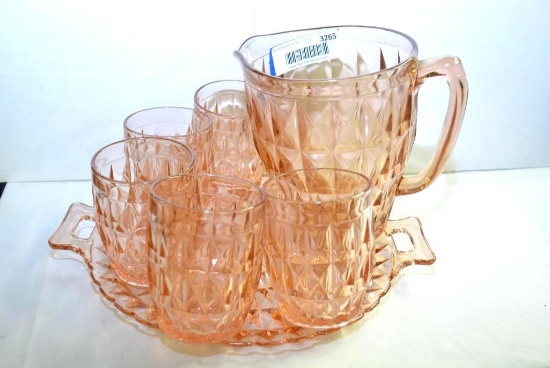 DEPRESSION GLASS PINK WINDSOR DIAMOND DRINK SET
