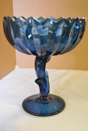 VINTAGE BLUE GLASS PEDESTAL DISH