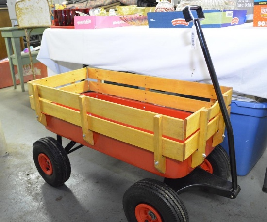 NEW METAL RED WAGON W/ WOODEN SIDES