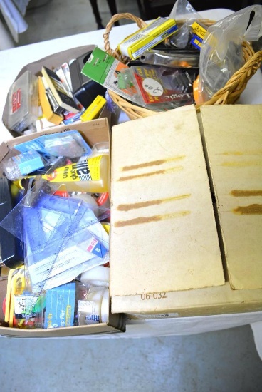 LOT W/ VINTAGE GLASS BOTTLES & OFFICE SUPPLIES