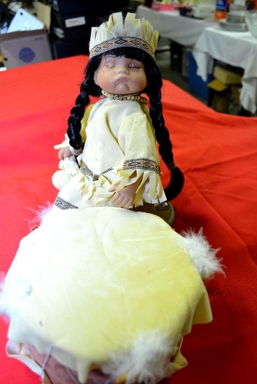 PORCELAIN NATIVE AMERICAN DOLL W/ DRUM