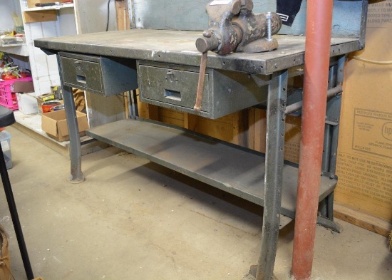 VINTAGE METAL WORK TABLE W/ DRAWERS