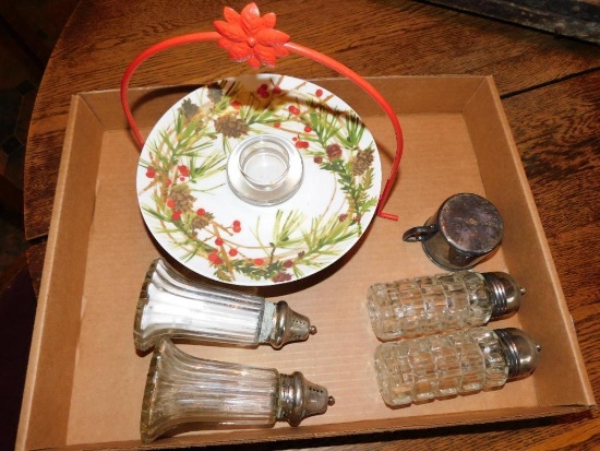 NURSERY SILVER CUP, SALT AND PEPPER SHAKERS, AND CHRISTMAS DISH