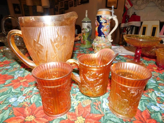 MARIGOLD CARNIVAL PITCHER AND GLASSES