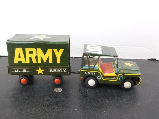 US ARMY, A027 TIN JEEP & TRAILER