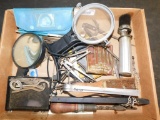 BOX LOT MEASURING ITEMS AND COMPASSES, ETC.