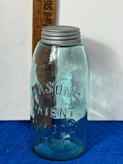 JAR, MASON'S, 1/2 GAL, PAT'D NOV 30, 1858, GREEN