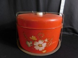 VINTAGE CAKE CARRIER, TIN METAL FLORAL, RED TWO TIER