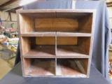 WOODEN BOX WITH FOUR CUBIES AND ONE OPEN SHELF