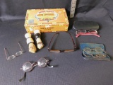 CIGAR BOX WITH EYE GLASSES, CASES AND TWO SHAVING BRUSHES