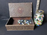 BOX LOT AND JAR OF MARBLES