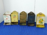 LOT OF FIVE ANTIQUE TIN MATCH BOX HOLDERS