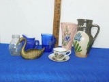 BOX LOT OF GLASS ITEMS, CUP/SAUCER, SWAN, VASE, PITCHERS