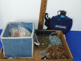 BOX LOT OF JEWELRY, TOKENS, CHAIN, STAPLER, WATER BOTTLE