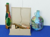 TWO DECORATIVE BOTTLES, BOX OF INCENSE