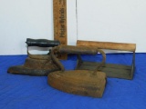 TWO VINTAGE SADD IRONS AND ONE VINTAGE BACON PRESS