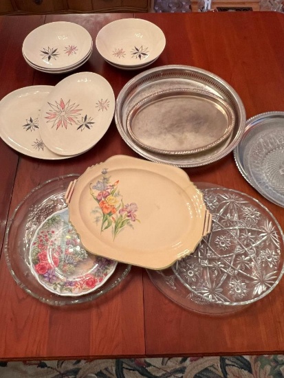 BOWLS, TRAYS AND CAKE STAND LOT