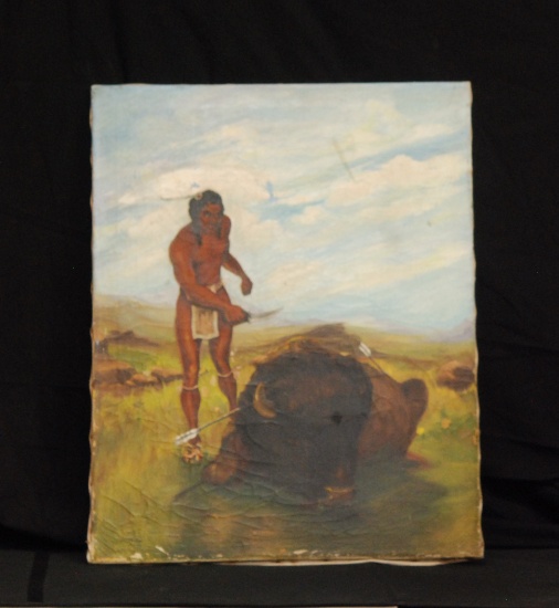 Oil Painting c1949 Signed Native Indian & Water Buffalo Hunting Scene 30x24", 4-lbs