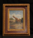 Exquisite Giraffe in the Savanna Landscape Oil Painting Signed by Artist 26x22.5 inches