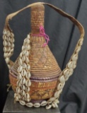 Old Handmade African Carrying Basket w. Cowrie Shells 1-lb, 11x6 inches