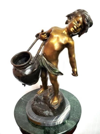 Antique French Bronze Sculpture Signed Moreau "Water Boy" 24", 35-lbs