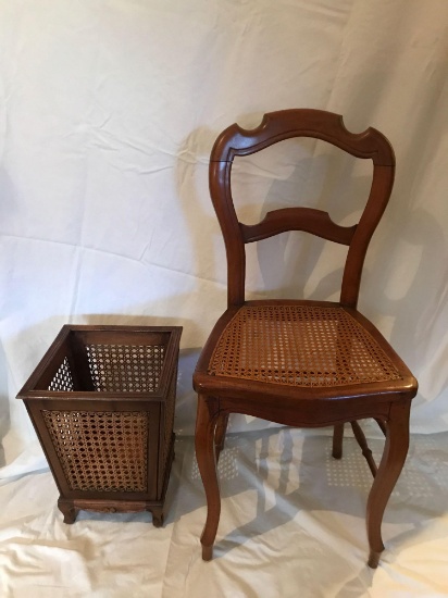 Early oak wooden parlor chair and wooden magazine basket