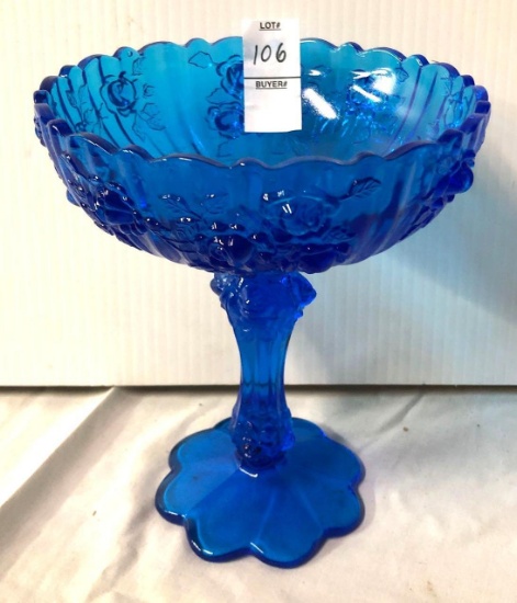 Vintage Blue Glass Stemmed candy dish.
