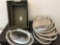 Silverplate trays and supply baskets.