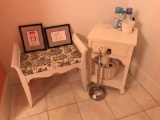 Vanity Lot: Dressing bench, Framed Art, Stand, Bathroom Accessories