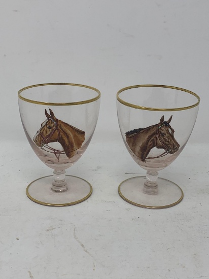 Horse Head Decorated, Gold rimmed Cocktail/Whiskey Glasses, Two.