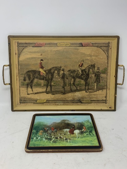Lithograph Tray 1860 Thoroughbred Race Scene, Hunt Scene Hot Pad.
