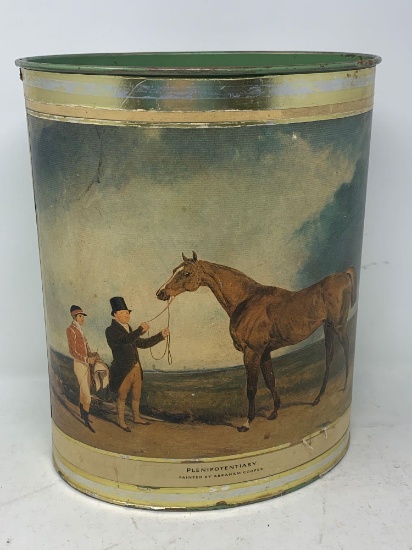 Vintage Type Tin Waste Can, Equestrian Scene.