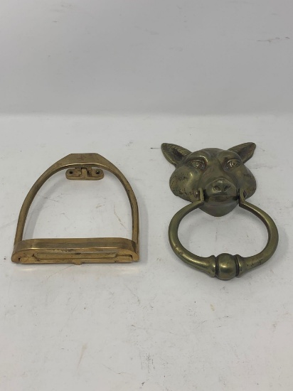 Brass Door Knockers, Fox Head and English Stirrup.