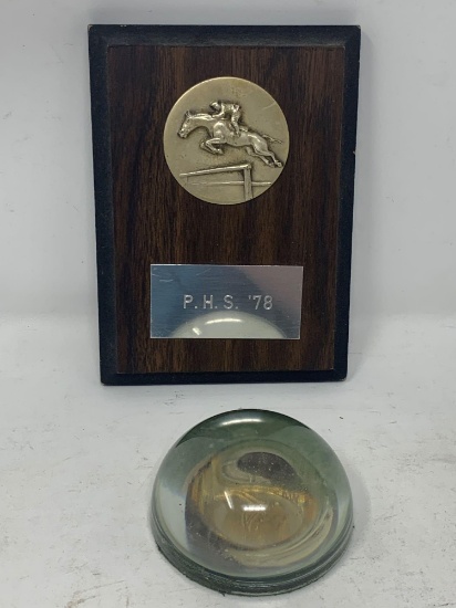 Horse show jumping award plaque and glass paperweight.