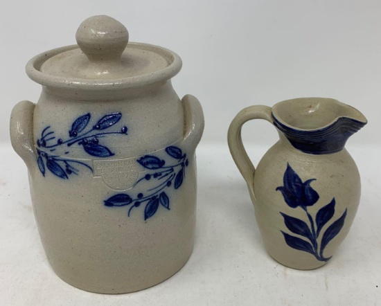 Two Glazed Stoneware Pieces with Blue Glaze Paint Designs