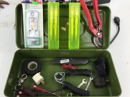 Vintage tool box and assorted tools.