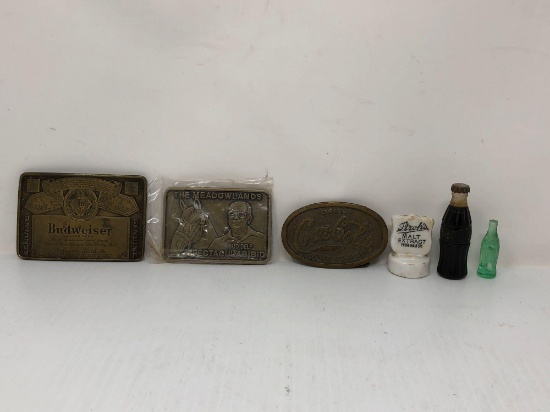 Vintage Lot: Belt Buckles, Mini Coke Bottle Lighter, Stroh's Beer Porcelain Cork Top.