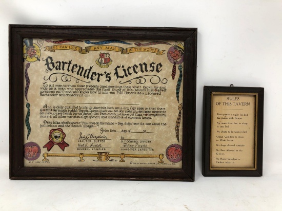 Vintage Bartender's License & Rules of This Tavern Framed Pictures