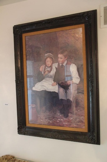 Ornate framed print, country style boy and girl.