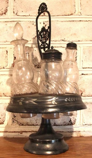 Antique Vinegar and Oil Set and caddy.