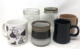 Assorted Coffee Mugs and Clear Ball Jars