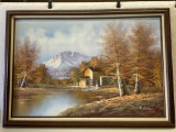 Framed Scene by H. Wilson of Mill and Wooded Land with Mountainous Background
