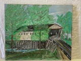 Unframed Painting on Canvas of Covered Bridge by Roland Miedel