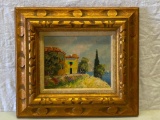 Framed Painting of Homes by Sea, Gilt Frame