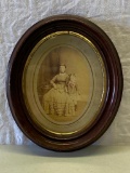 Victorian Oval Framed Photo of Woman and Child, Hand Colored Pink Bows