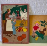 2 Painted Scenes, Pilgrim Scene & Boy with Wheel Barrow