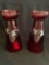 Depression Era Cranberry Glass Vases with Frosted Decoration