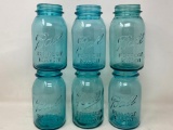 Six Vintage Blue Glass Ball Canning Jars